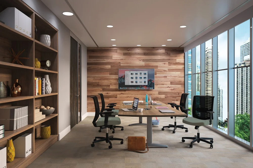 Conference room with wood accent wall, mesh task chairs and city views