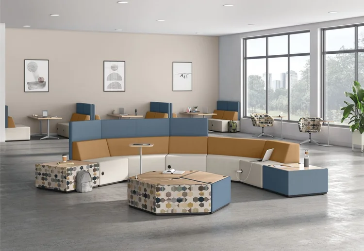 Curved modular lounge seating with hexagon-pattern ottomans