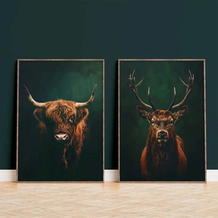 Framed Highland cow and stag art prints