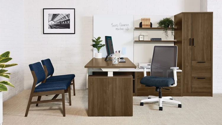 Walnut desk with whiteboard and wardrobe storage
