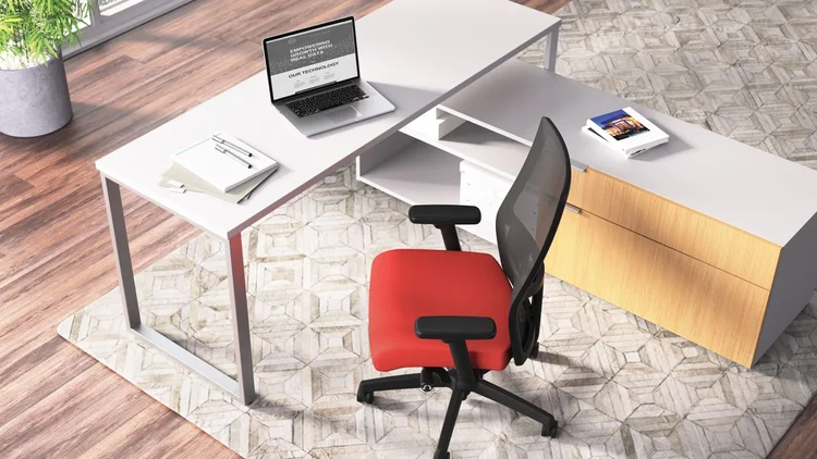 L-shaped desk with credenza and red task chair