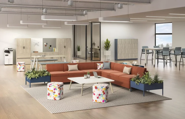 Orange sectional with patterned ottomans and planters