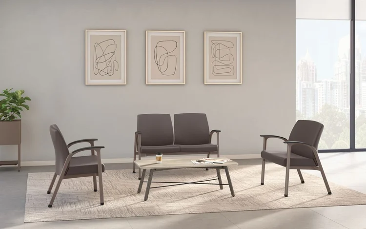 Upholstered guest chairs and loveseat in a waiting area