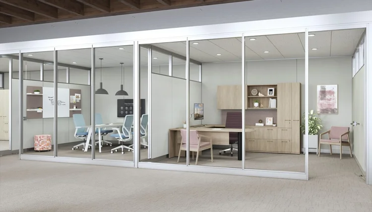 Architectural glass walls and modular workspace