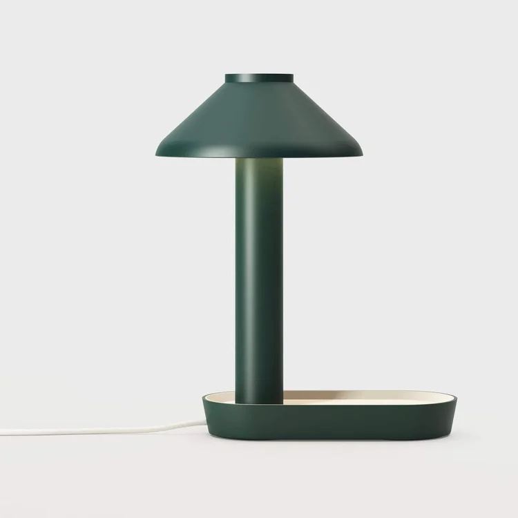 Green table lamp with integrated catch-all tray