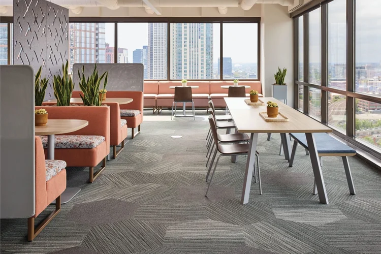 Cafe booths with tables by city windows