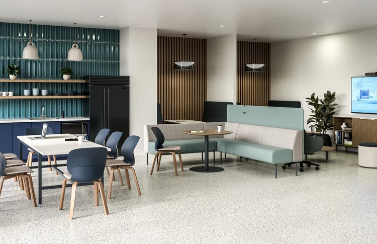 Break room with dining table and a teal banquette