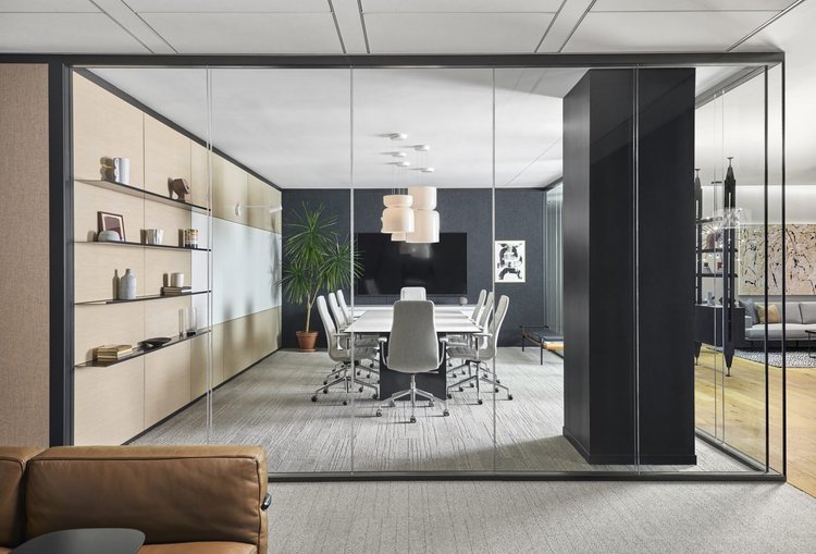 Architectural glass walls and modular workspace