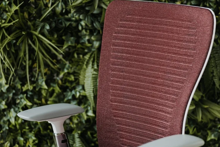 Burgundy task chair against a living plant wall