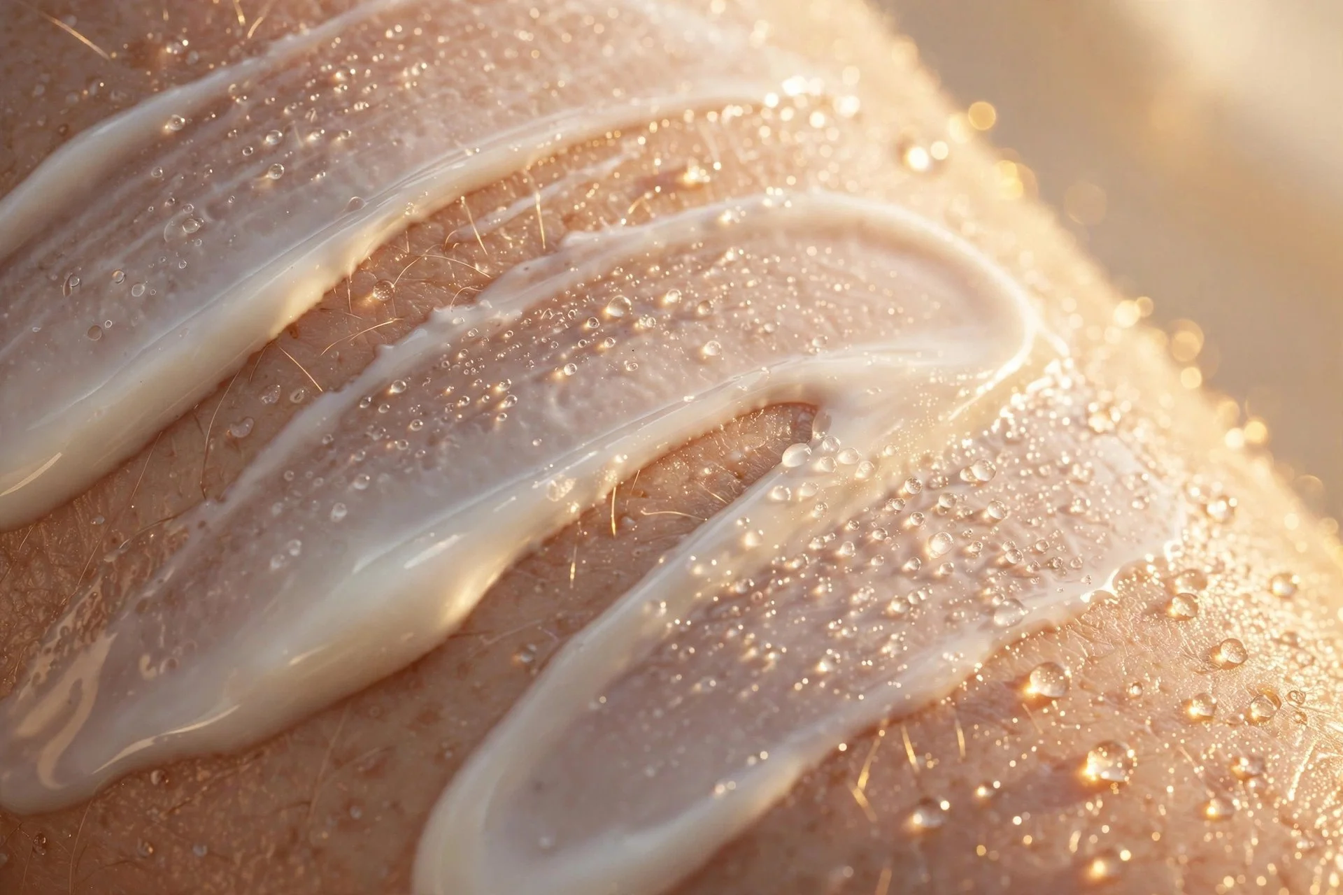 Close-up of sunscreen fluid swatched on sunlit skin