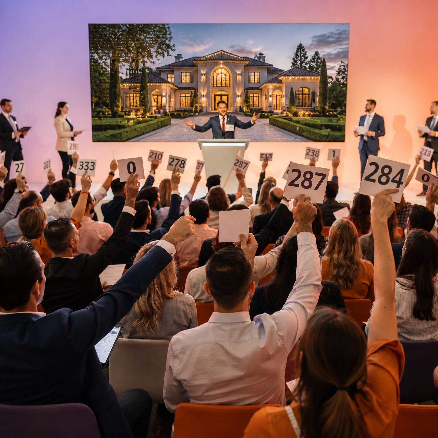 Crowd bidding at a home showing event