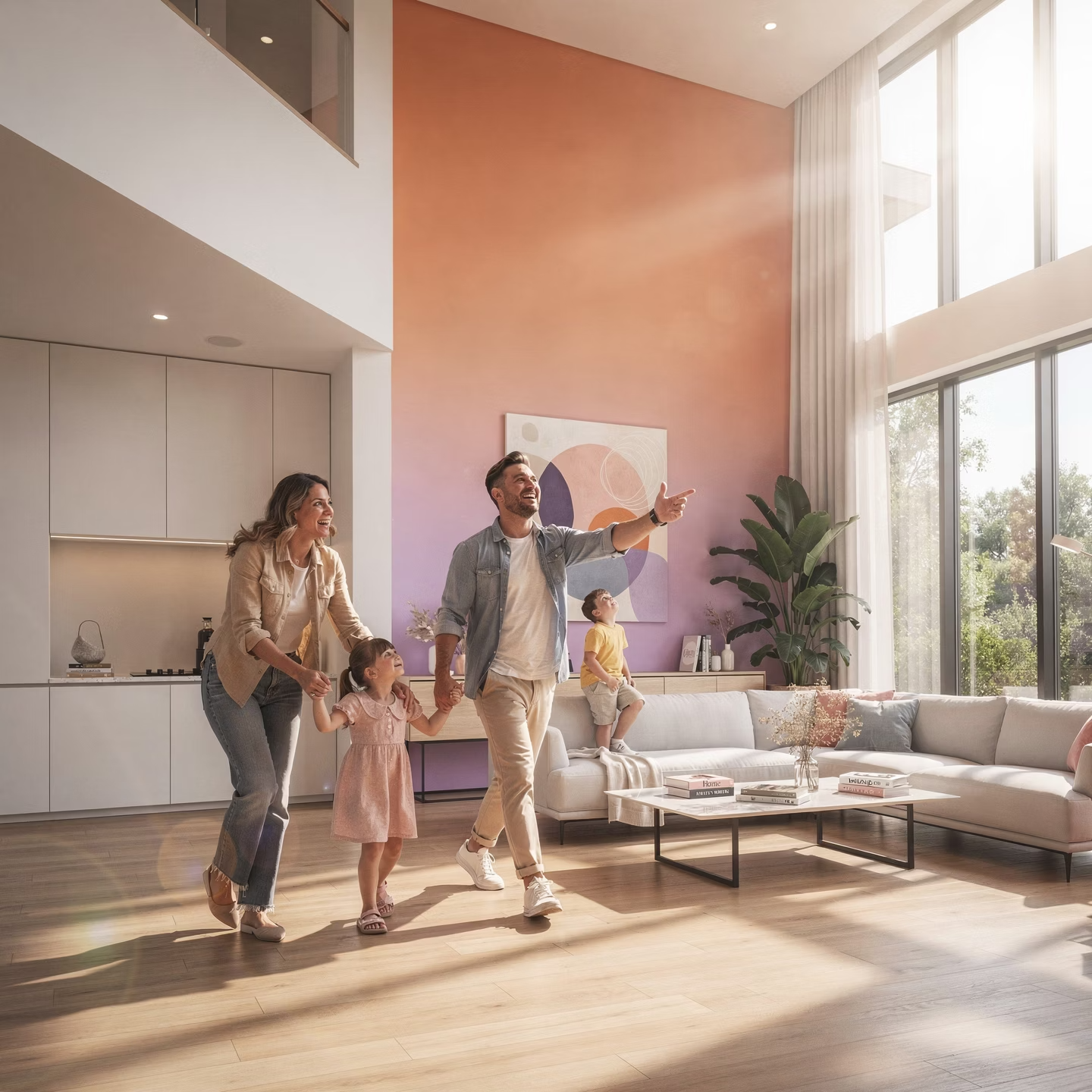 Family touring a bright home