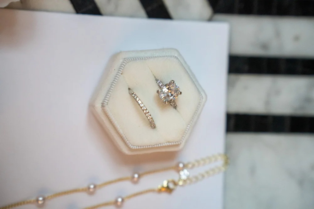 Engagement and wedding rings in a velvet box