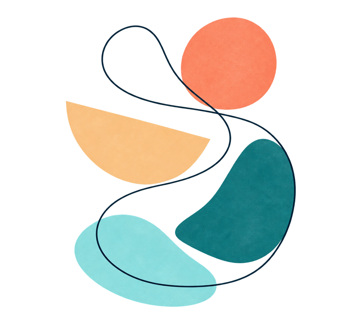 Coral, peach, teal and aqua abstract shapes connected by a looping navy line