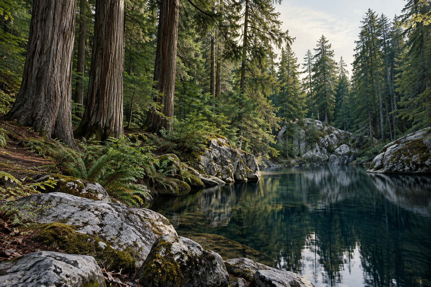 Illustrative cedar forest and pale stone reflected in still water.