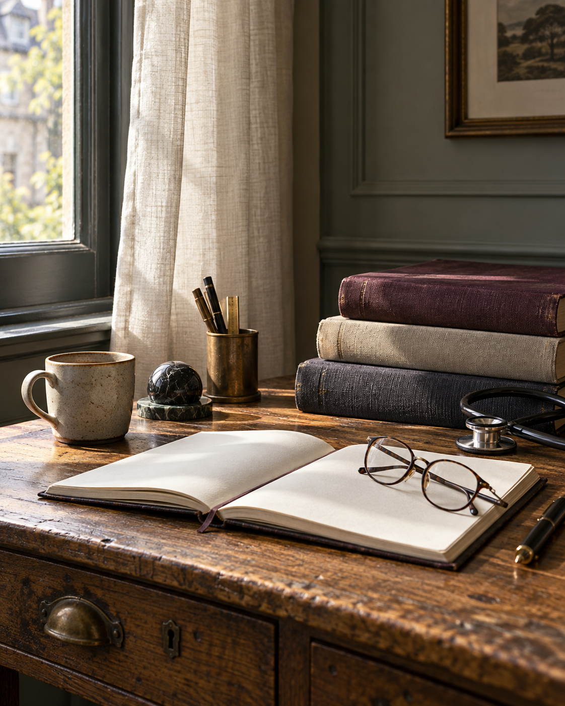Editorial still life of books and a notebook, reflecting a foundation of study and clinical reasoning.
