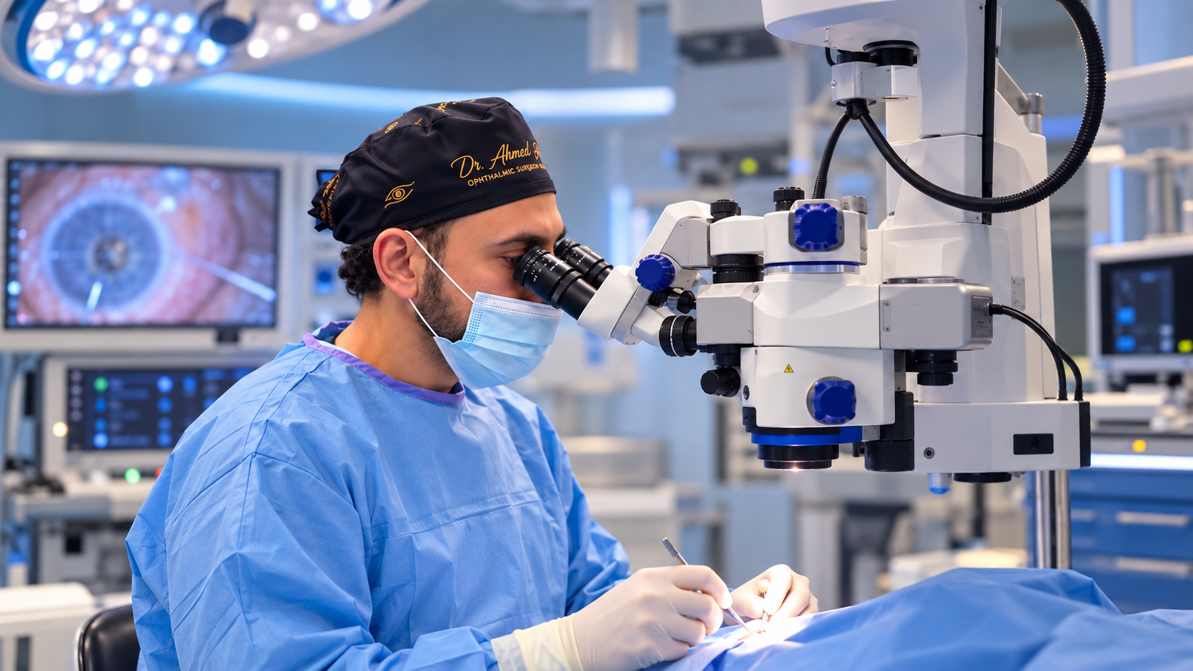 Mr Ahmed Hussien performing ophthalmic surgery using an operating microscope