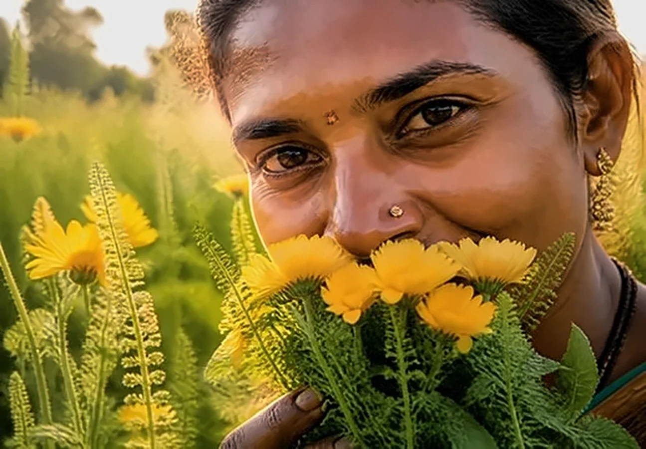 A woman in a field breathing in the scent of yellow flowers