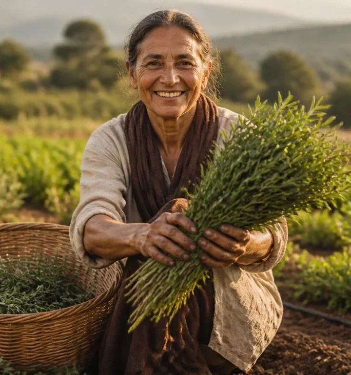 A grower holding freshly harvested herbs