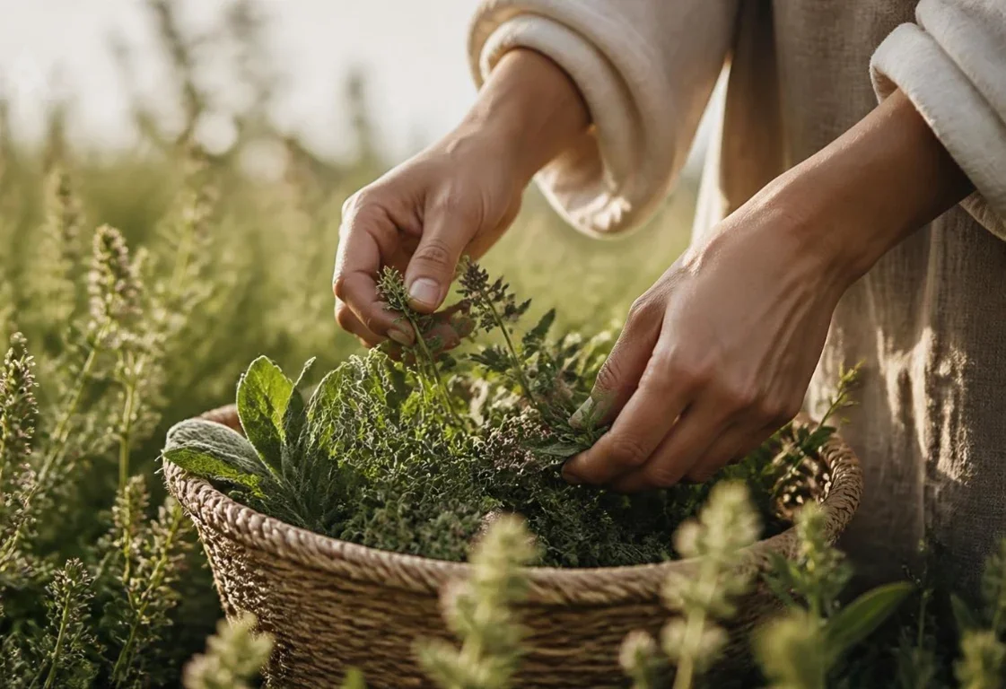 Hands gathering fresh herbs into a basket