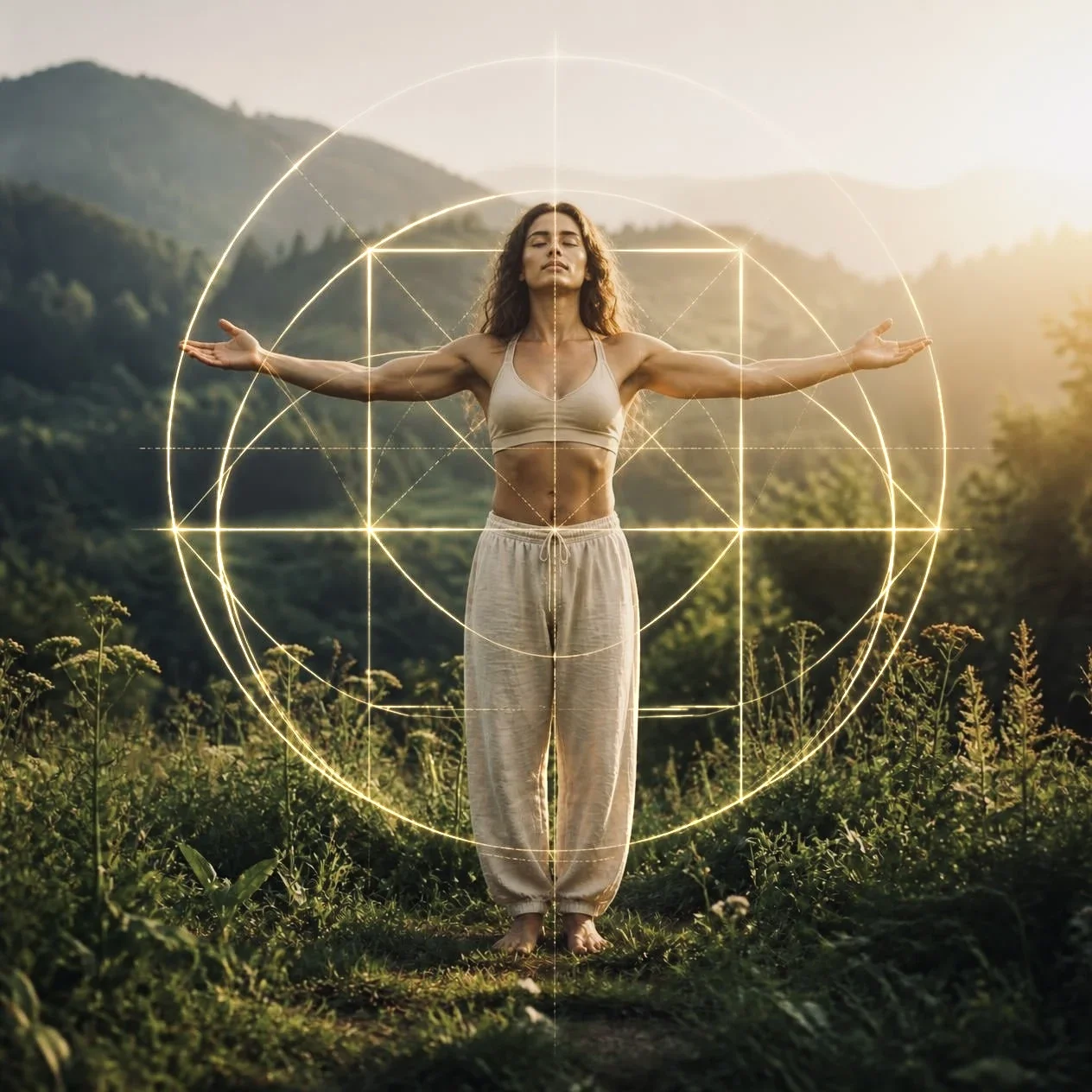 A woman standing with open arms in a mountain meadow at sunrise, within golden sacred geometry