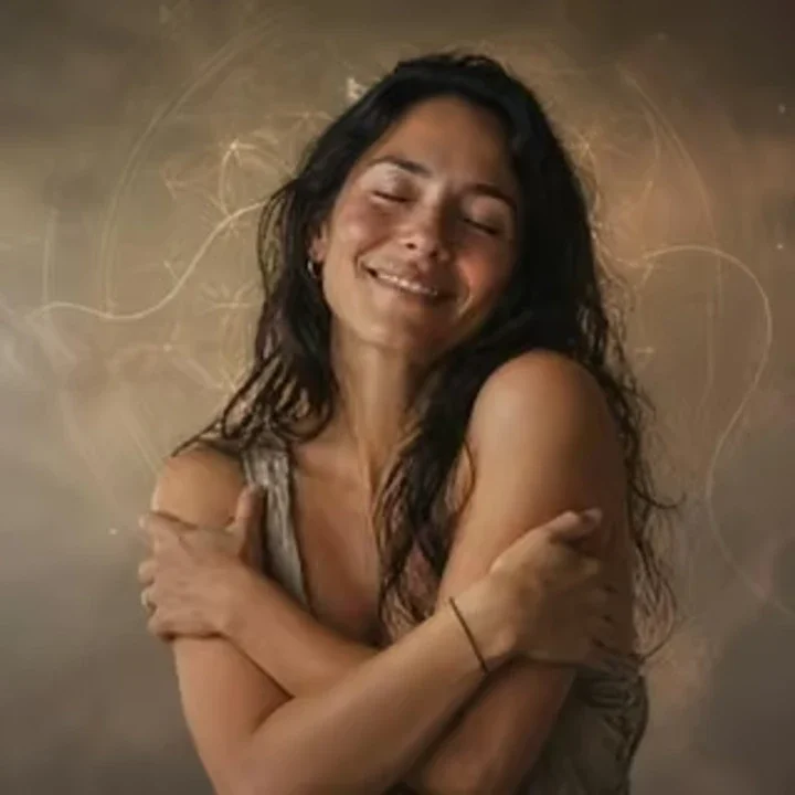 A woman hugging herself and smiling, her eyes closed