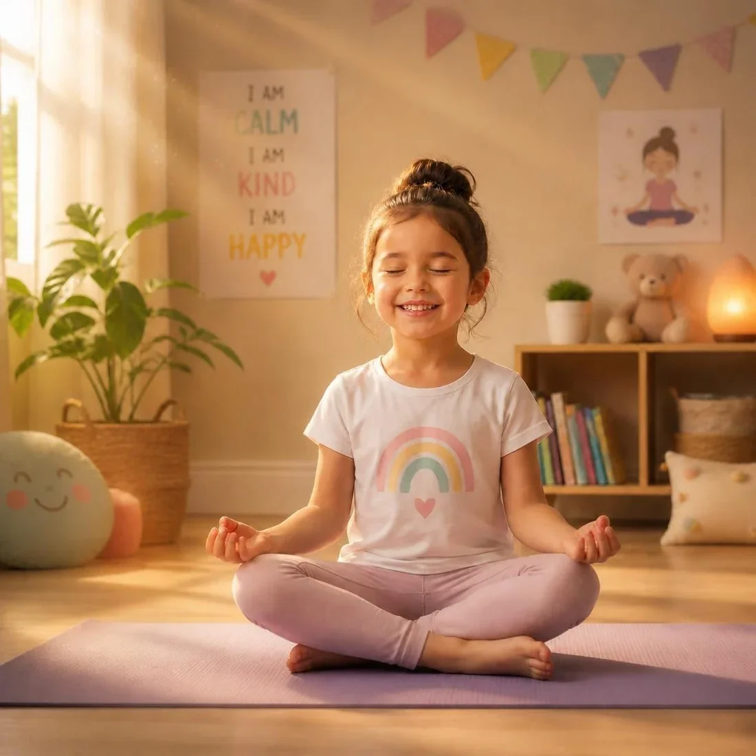 A smiling child sitting in meditation on a yoga mat in a sunlit room