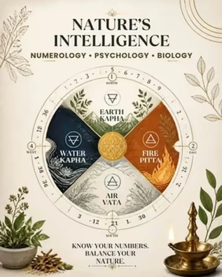 A wheel of the four elements and the three doshas, ringed with numbers, titled Nature's Intelligence
