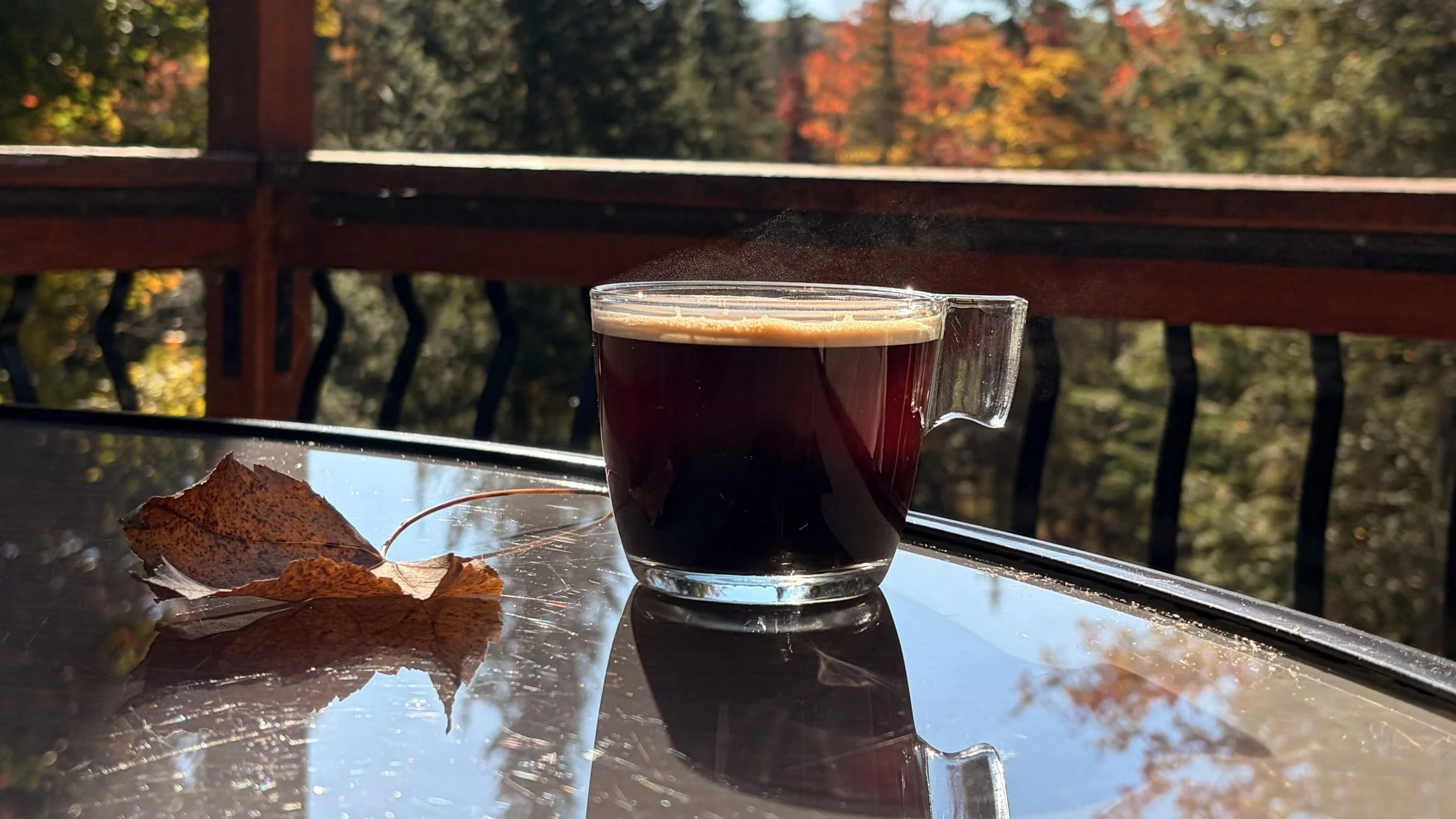 Café fumant sur la terrasse, forêt aux couleurs d'automne en arrière-plan