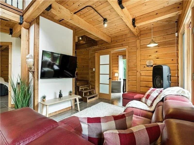 Salon chaleureux en bois avec canapés en cuir et télé
