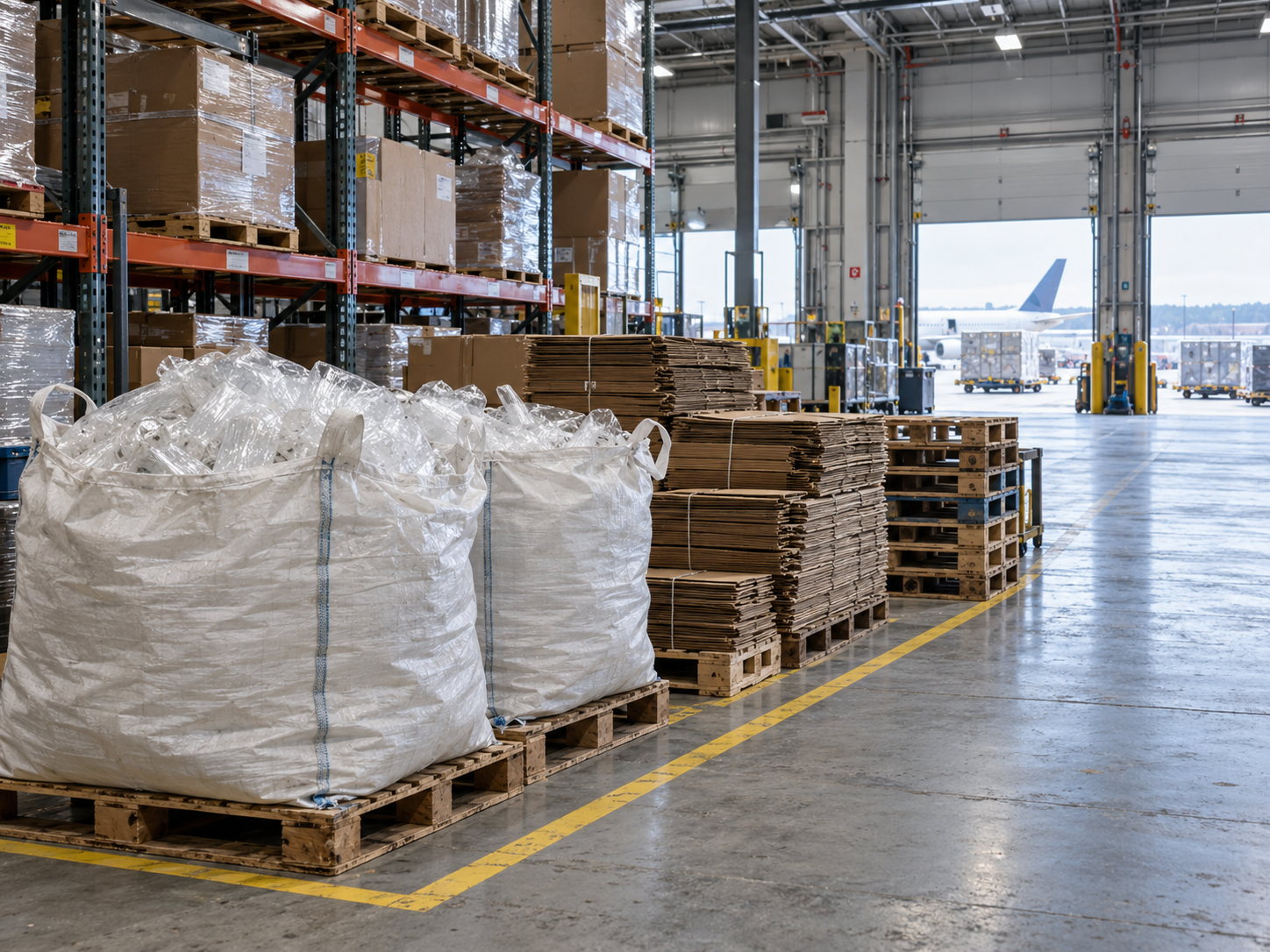 Bulk bags of clear packaging film beside flattened cardboard and pallets in an airport cargo warehouse