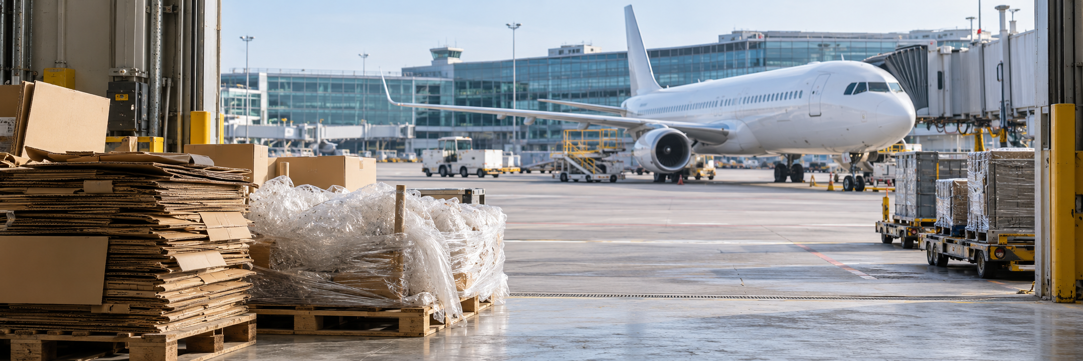 Cardboard and clear packaging film staged in an airport cargo area, with an aircraft at the terminal beyond