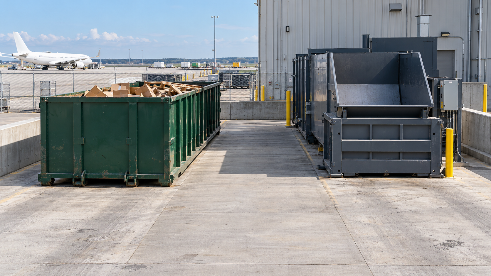 A 40-yard roll-off bin beside a stationary compactor in separate airport service-yard bays with clear truck access