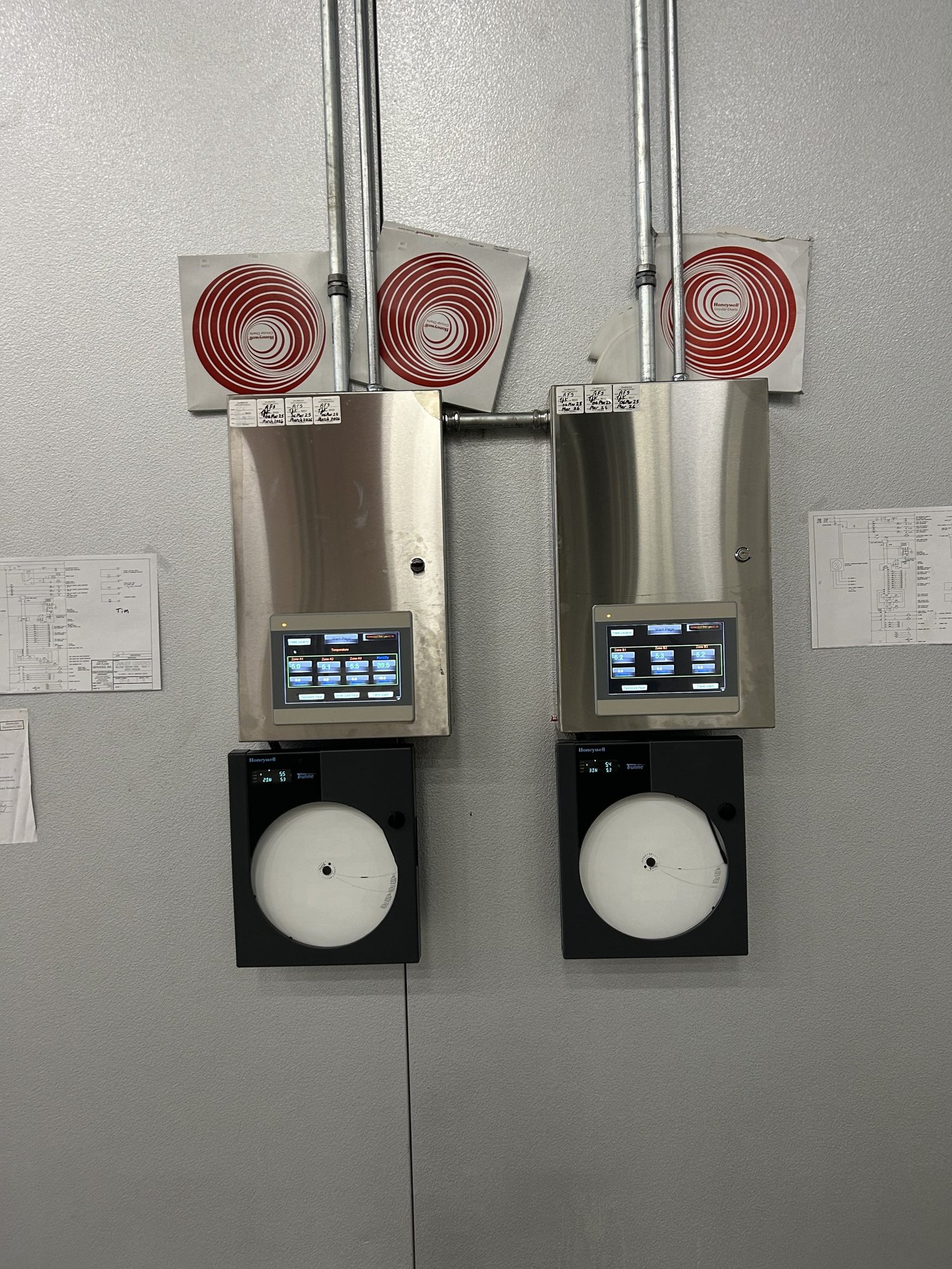Temperature and humidity controls mounted on a large environmental chamber