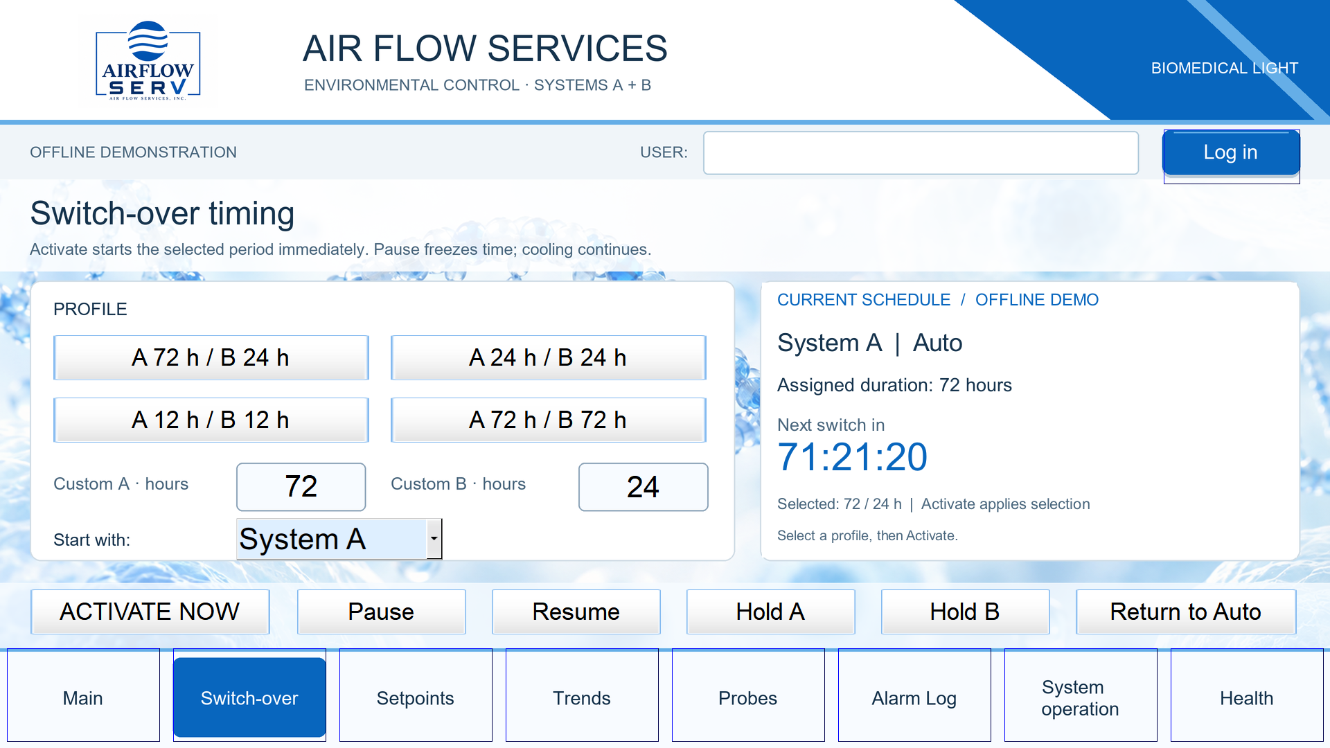 Exact Airflow EasyBuilder offline simulator capture: Changeover