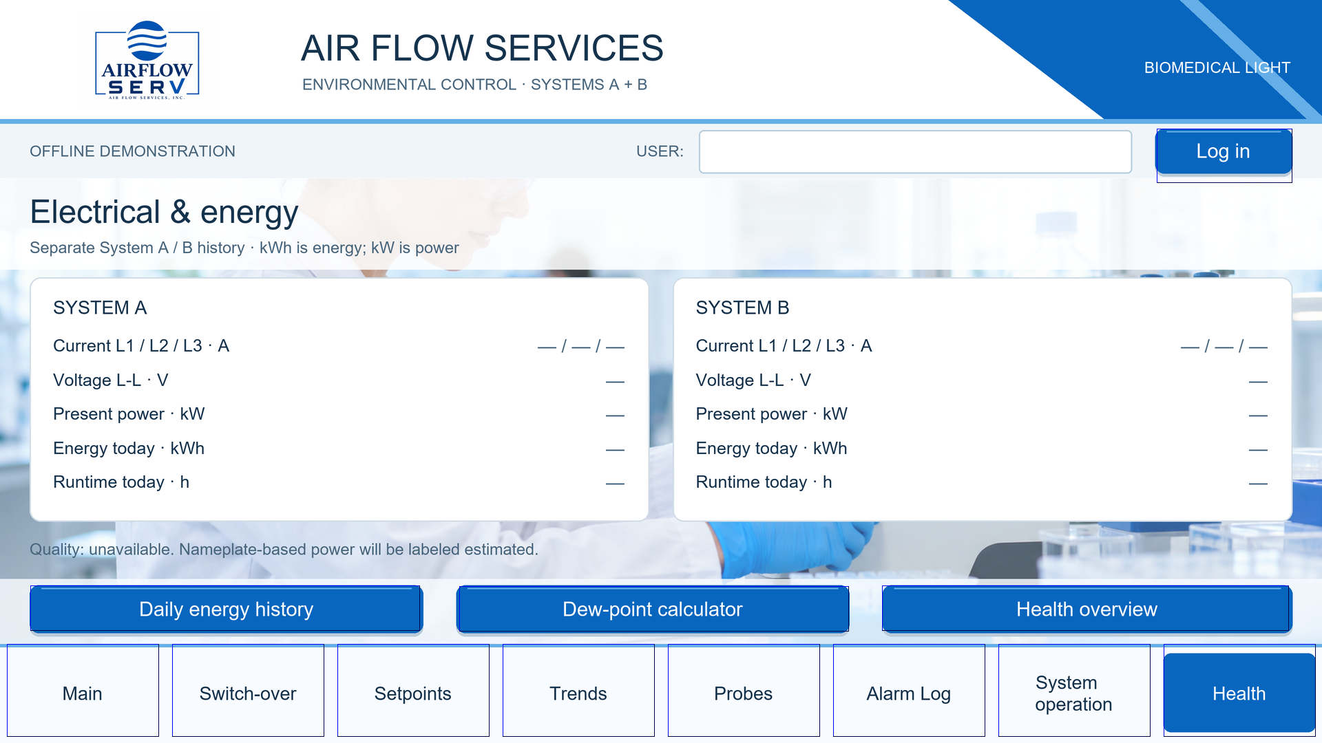 Exact Airflow EasyBuilder offline simulator capture: Electrical health