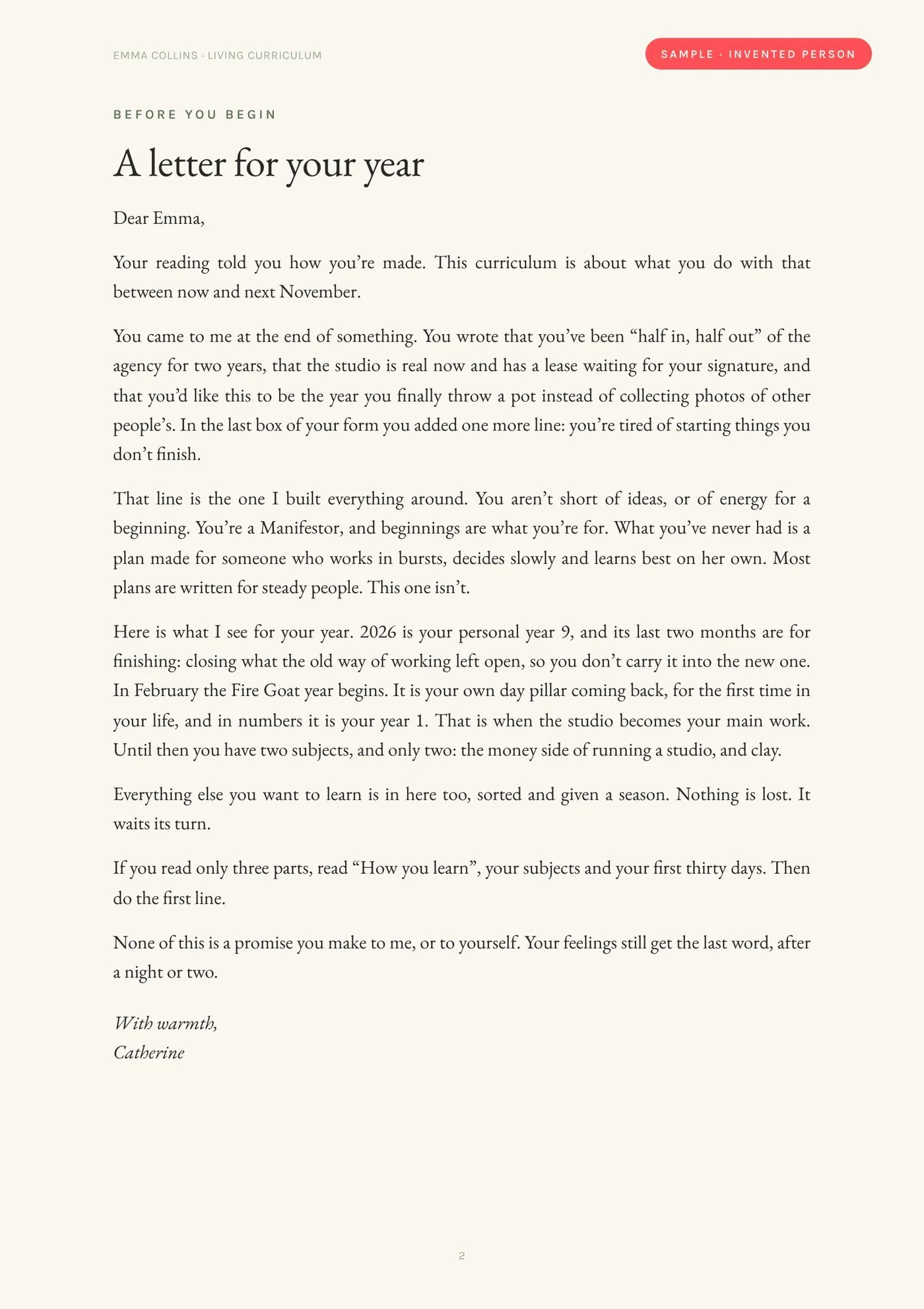 Sample Living Curriculum page, a letter for your year