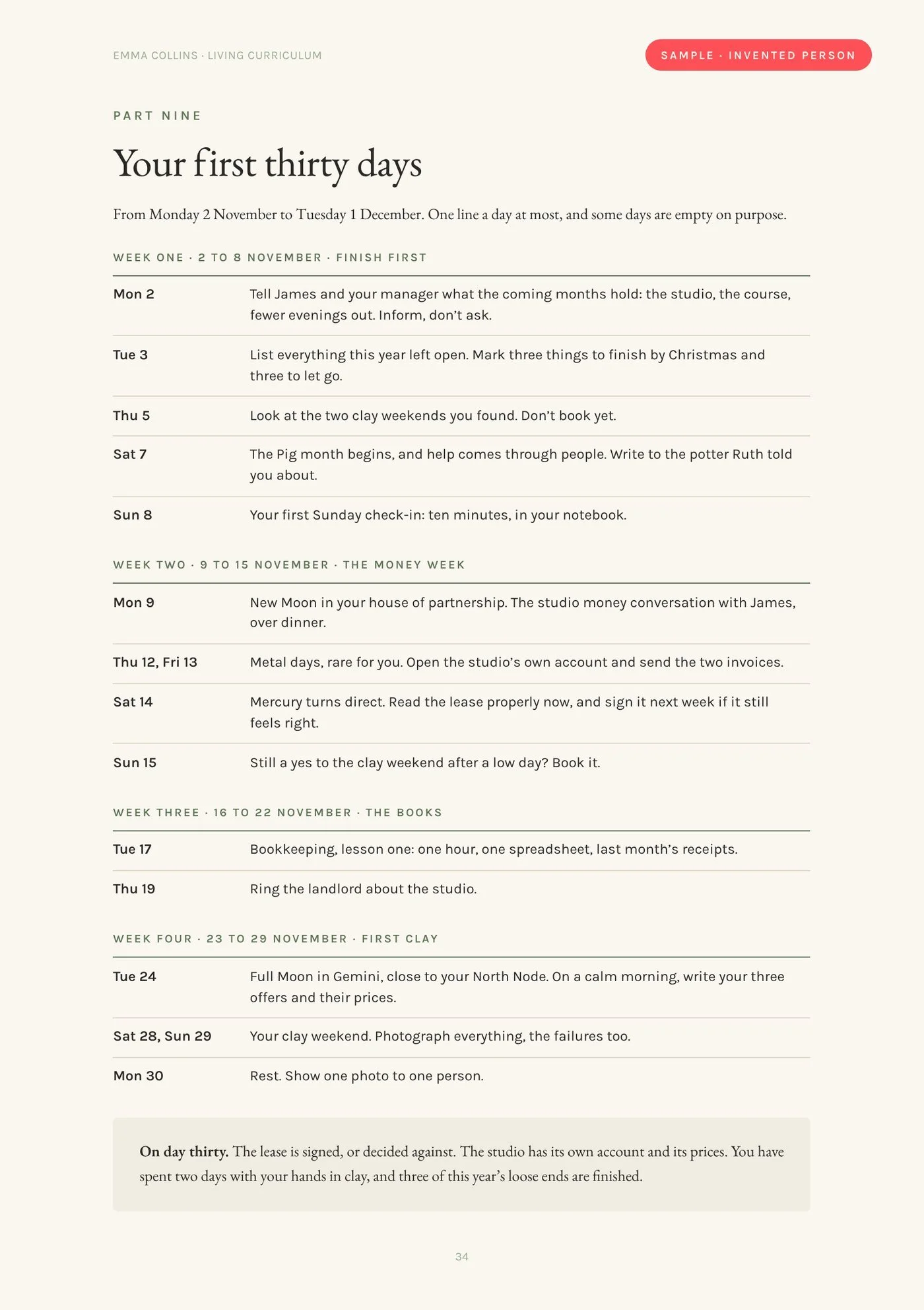 Sample Living Curriculum page, your first thirty days