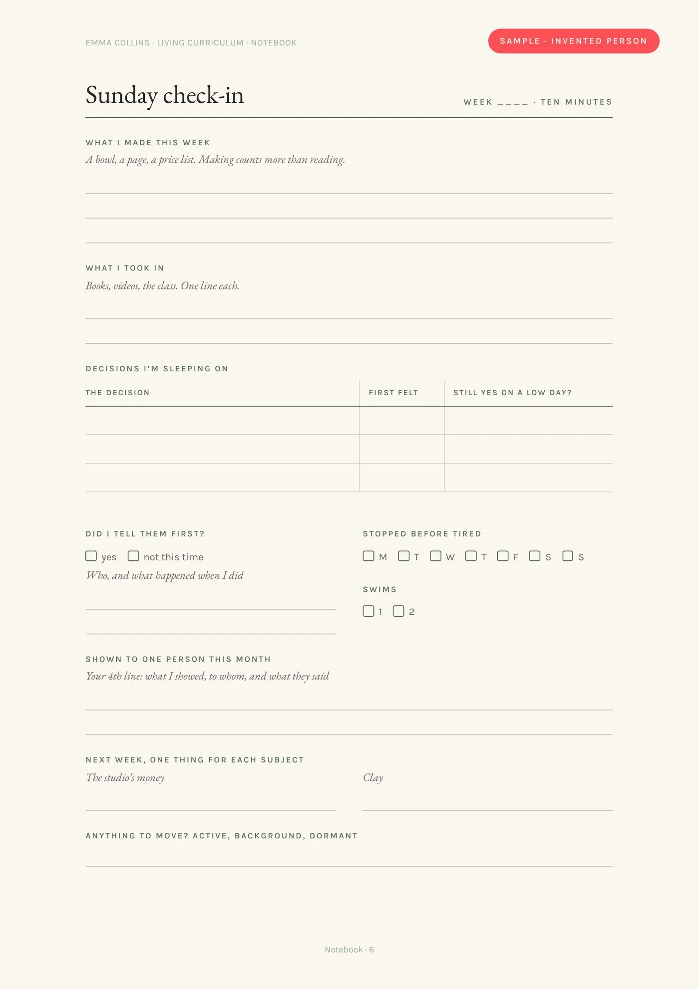 Sample notebook page, Sunday check-in