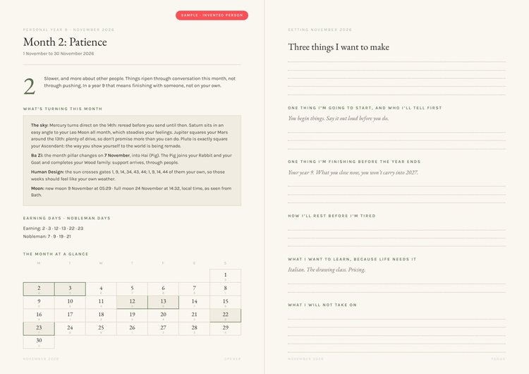 Sample agenda pages, month opener and focus page