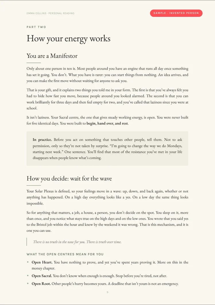 Sample personal reading, a Human Design page