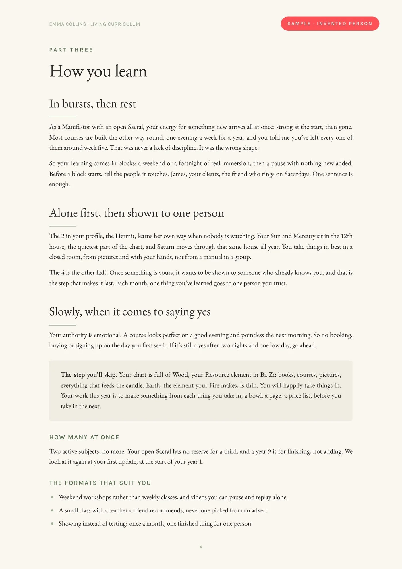 Sample Living Curriculum page, how you learn