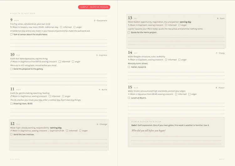 Sample agenda pages, one week over two pages