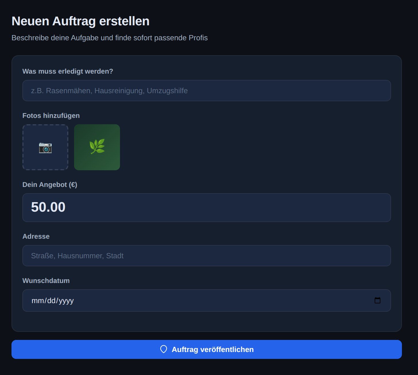 Formular „Neuen Auftrag erstellen“