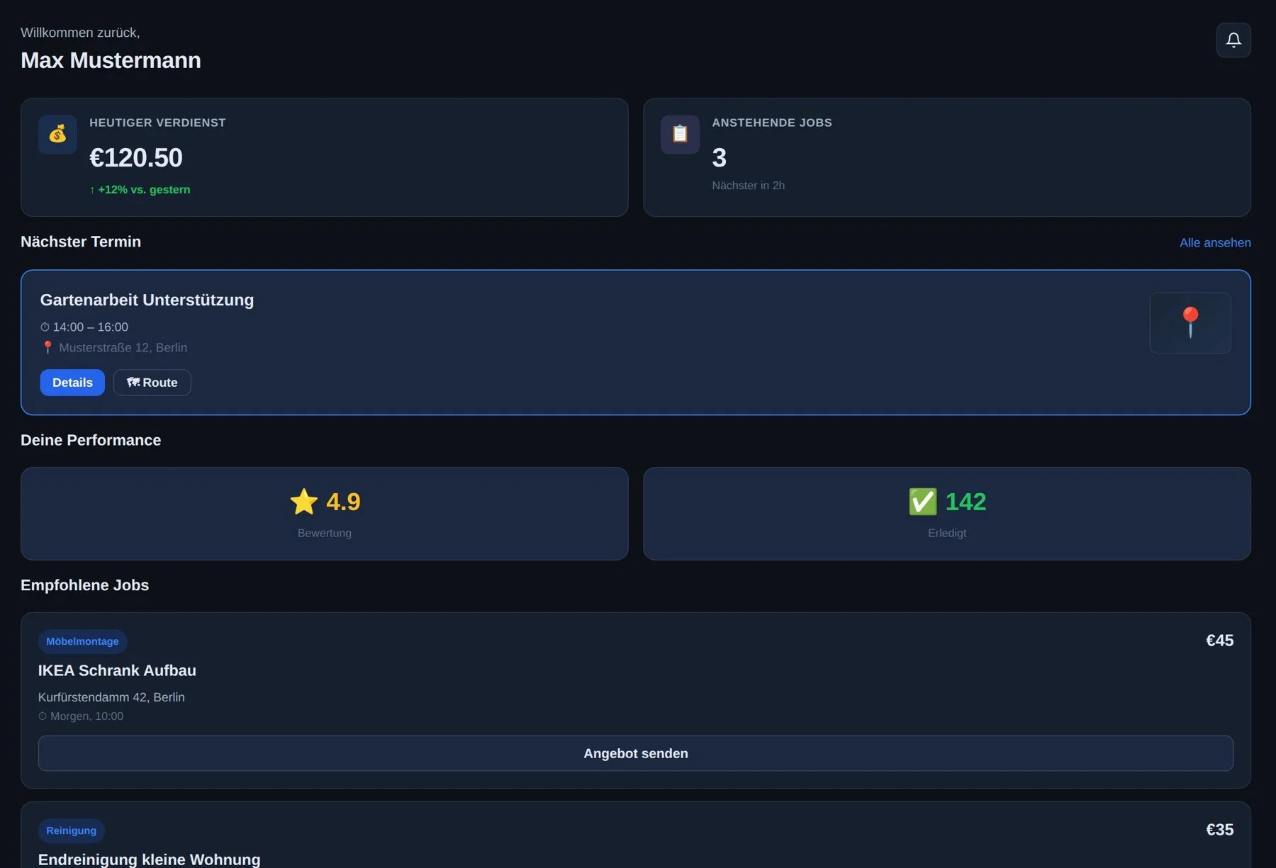 Dashboard im Auftragnehmer-Modus