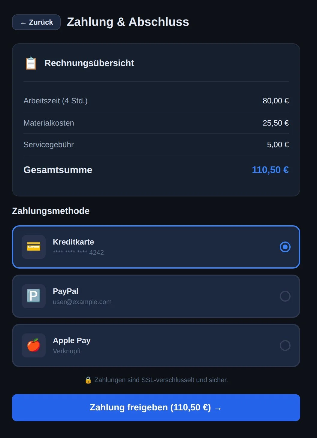 Rechnungsübersicht und Zahlungsfreigabe