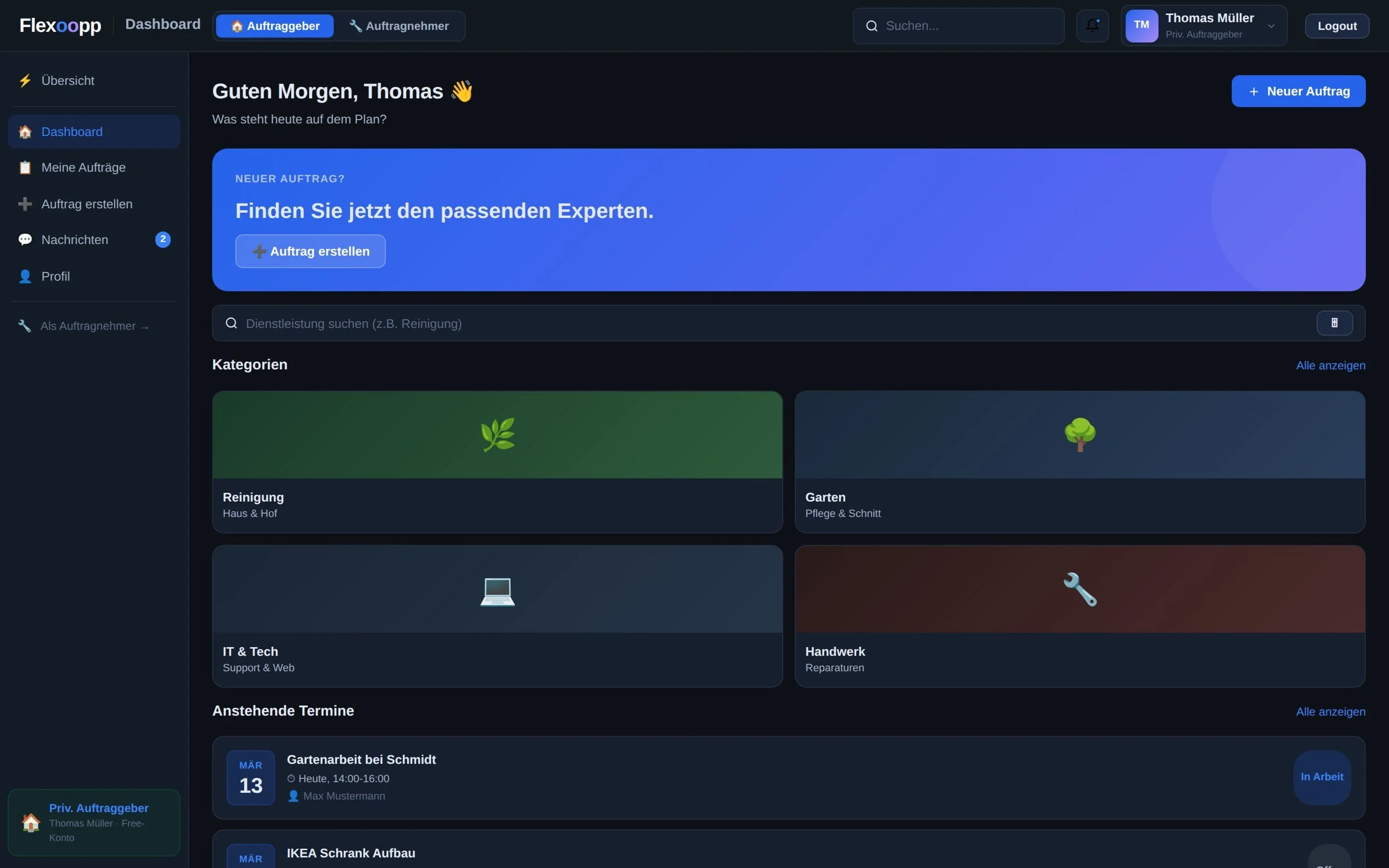 Flexoopp-Dashboard für Auftraggeber mit Kategorien und anstehenden Terminen