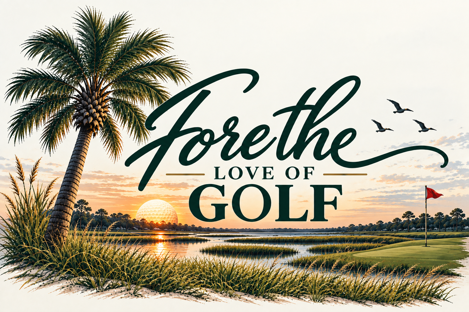 Fore the Love of Golf official sunset logo with Lowcountry palms and golf course