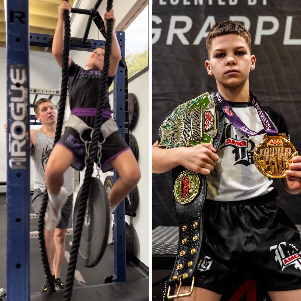 Young athlete training on ropes and celebrating a grappling championship