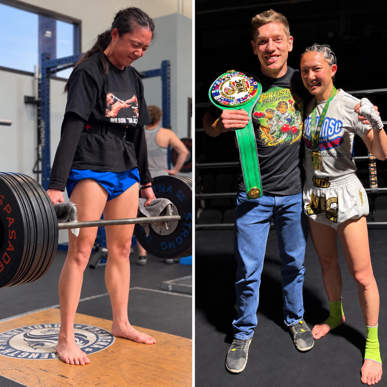 Lynn deadlifting and celebrating her championship with coach Daniel and the championship belt